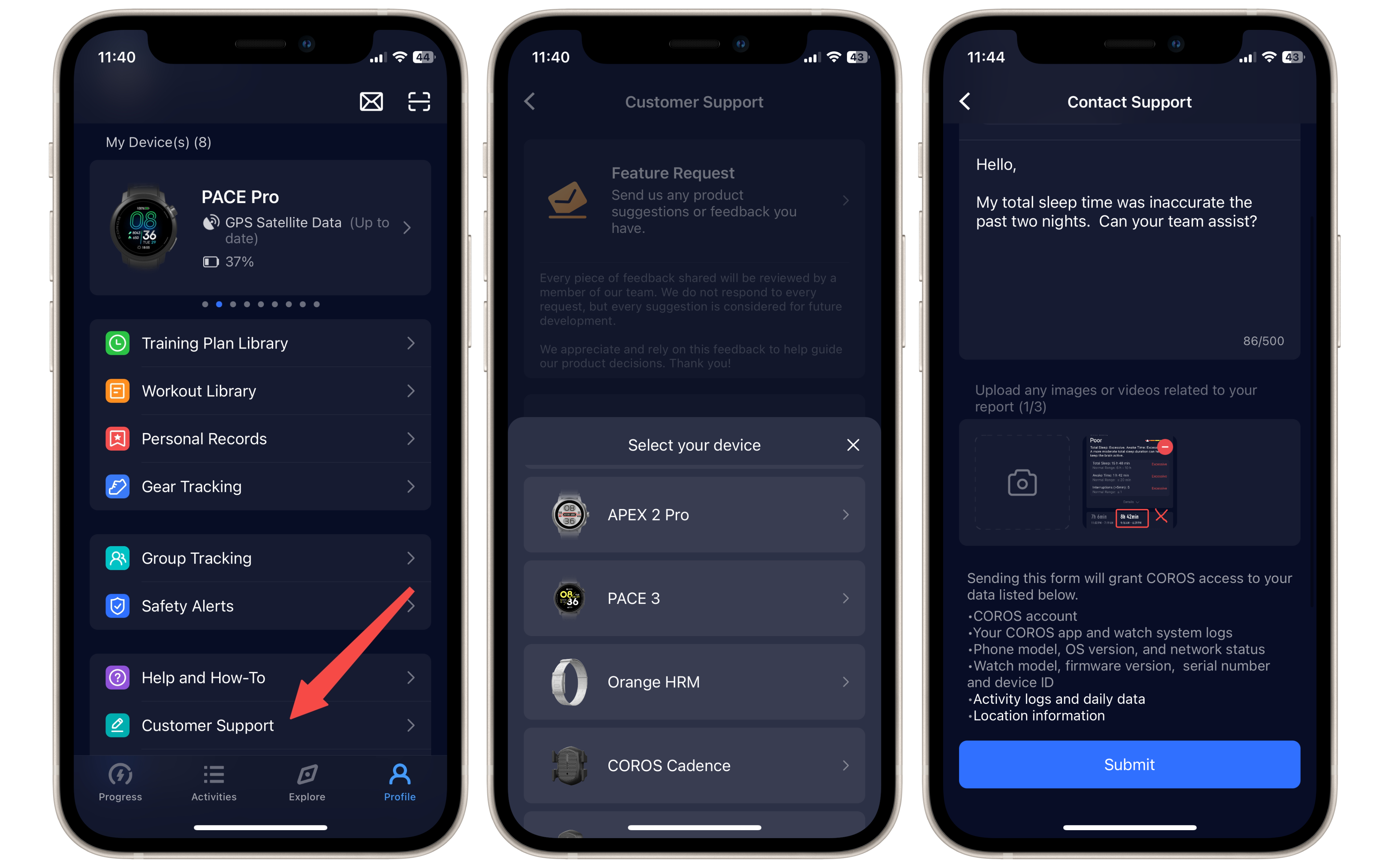 Zgłoś problem techniczny w aplikacji coros